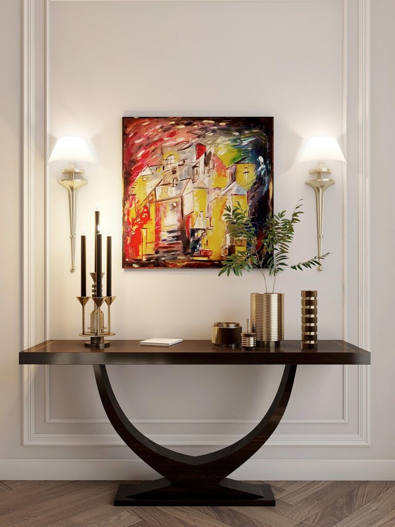 table, sconce, light, painting, watercolor, interior, apartment